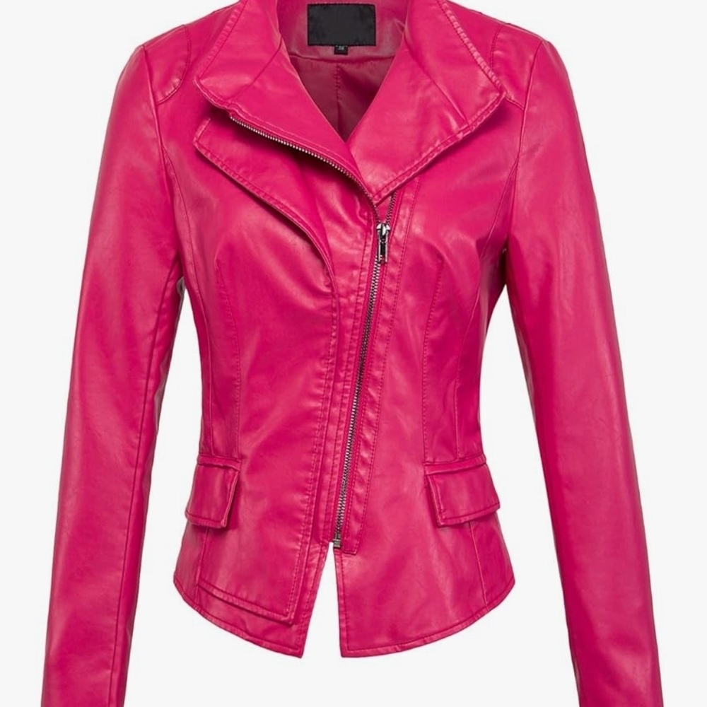 Chouyatou Women's Vibrant Pink Leather Jacket - Picture 4 of 6